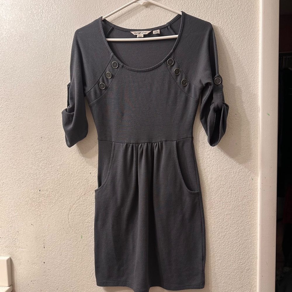 Downtown Girl Grey Quarter Sleeve Dress Front Pockets Buttons fall aesthetic M